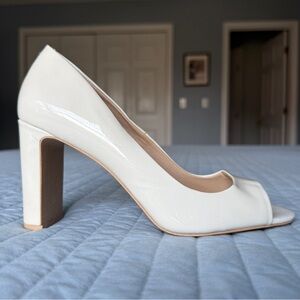 DKNY White Peep-Toe Leather Block Heels, Size 8